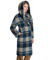 Blue & Beige Plated Wool Blend Hooded Coat – 45” Length