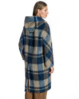 Blue & Beige Plated Wool Blend Hooded Coat – 45” Length