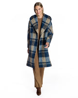 Blue & Beige Plated Wool Blend Hooded Coat – 45” Length