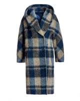 Blue & Beige Plated Wool Blend Hooded Coat – 45” Length