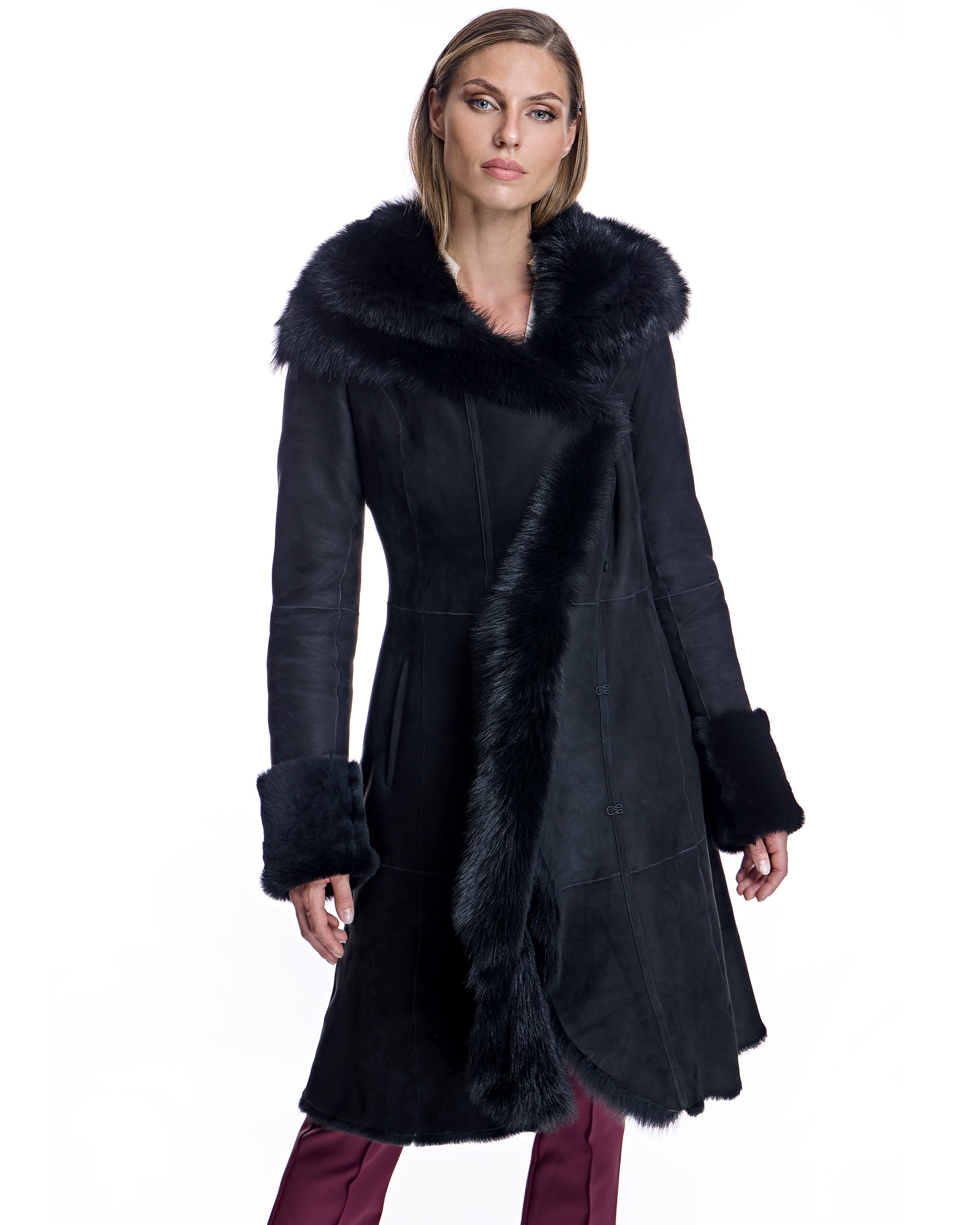 Hooded Shearling Short Coat with Ruffle Trim