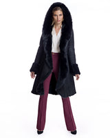 Hooded Shearling Short Coat with Ruffle Trim
