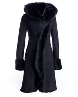 Hooded Shearling Short Coat with Ruffle Trim