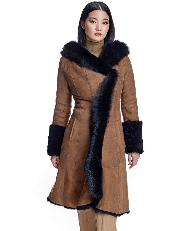 Hooded Shearling Short Coat with Ruffle Trim-Maximilian