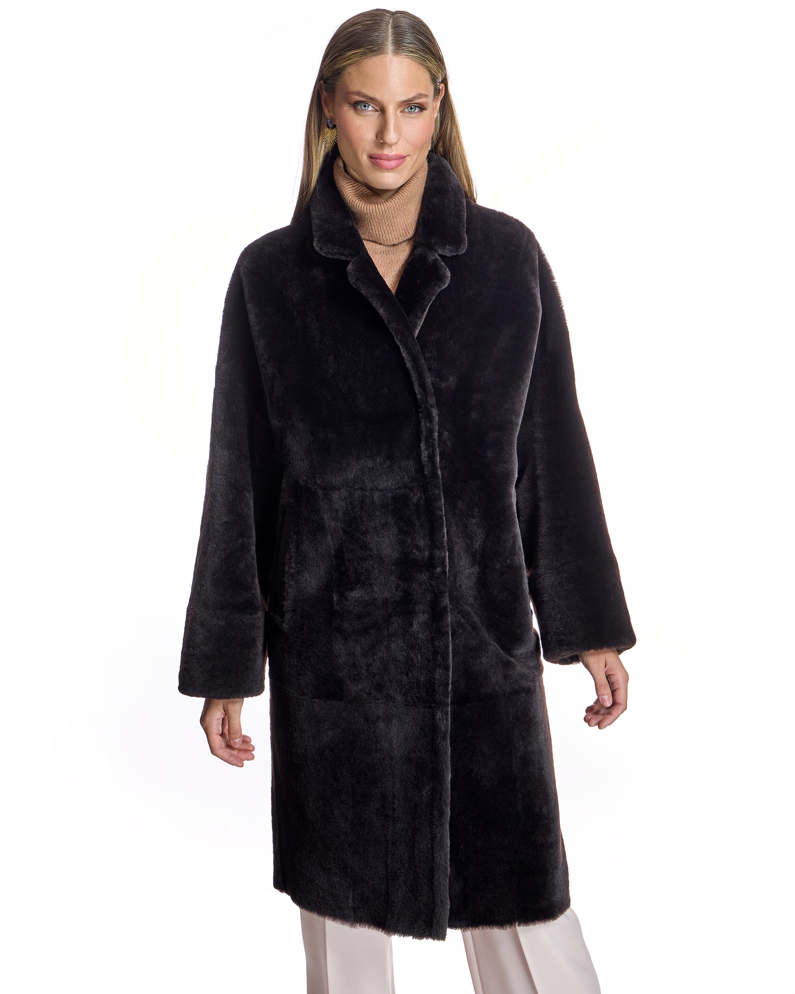 Oversized Dark Brown dyed Shearling Coat with Notch Collar -Maximilian