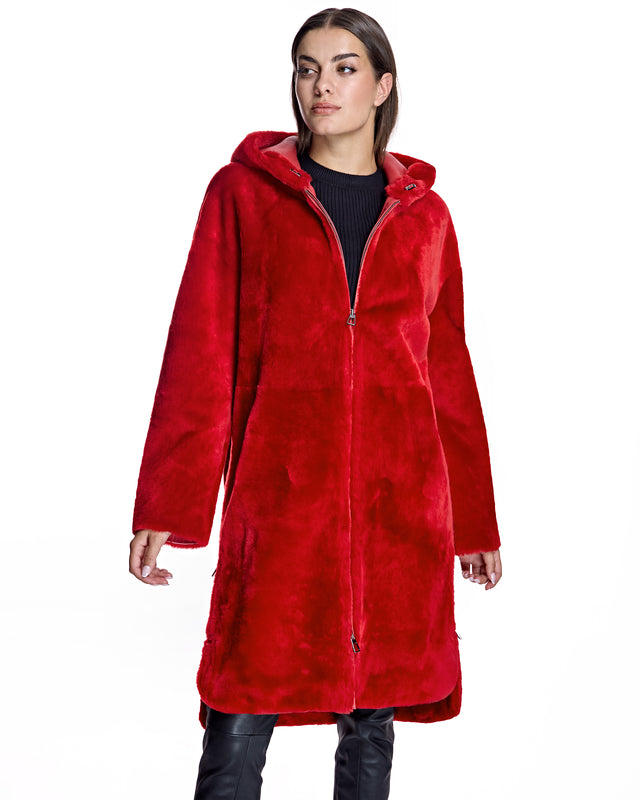 Julia & Stella by Maximilian 40" Long Red Dyed Shearling Lamb Hooded Coat -Maximilian