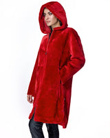 Julia & Stella by Maximilian 40" Long Red Dyed Shearling Lamb Hooded Coat -Maximilian