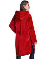 Julia & Stella by Maximilian 40" Long Red Dyed Shearling Lamb Hooded Coat -Maximilian