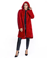 Julia & Stella by Maximilian 40" Long Red Dyed Shearling Lamb Hooded Coat -Maximilian