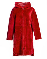 Julia & Stella by Maximilian 40" Long Red Dyed Shearling Lamb Hooded Coat -Maximilian