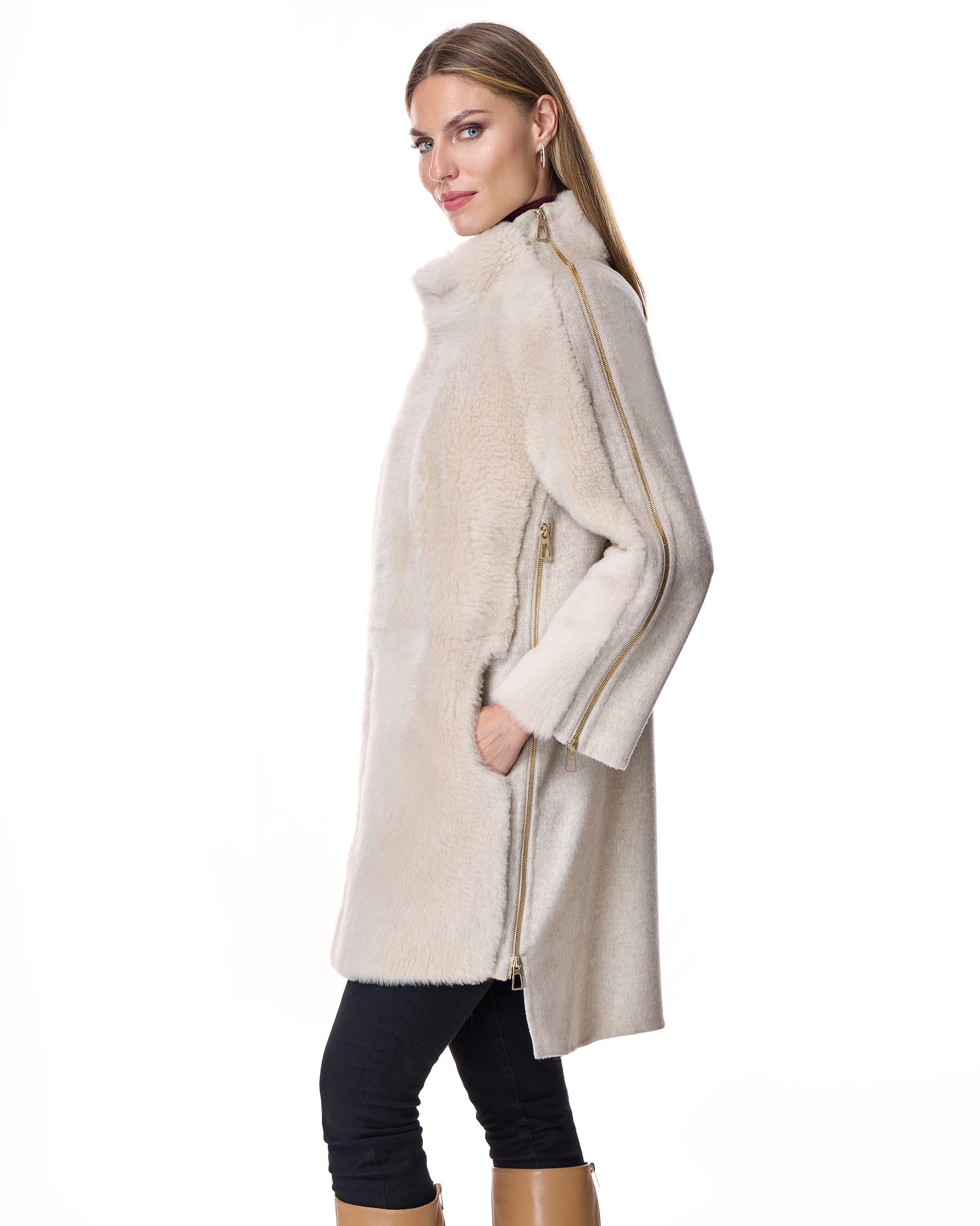 Shearling Lamb/ Wool Mixed Media Coat