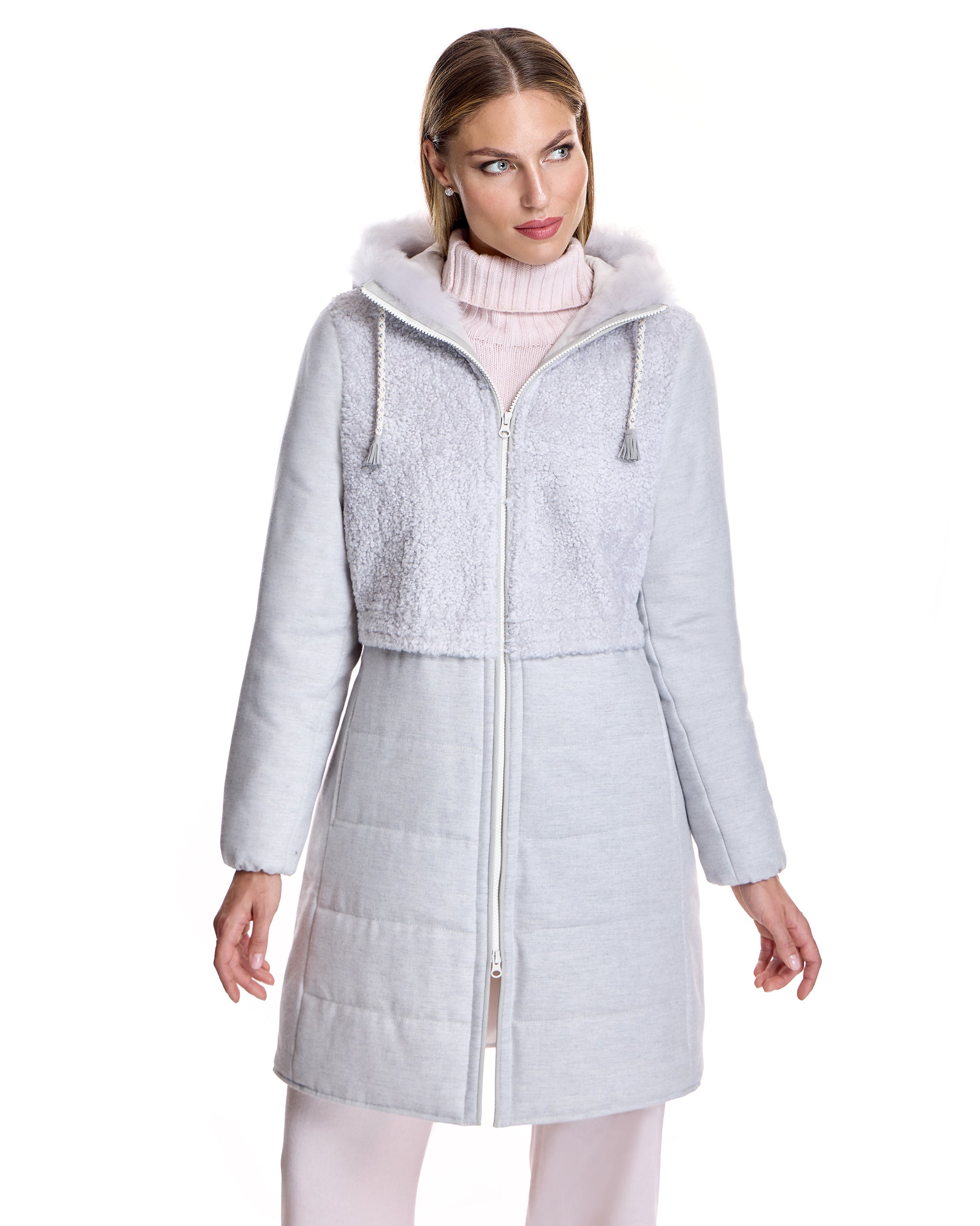 Hooded Woolblend Coat with Shearling Front and Back