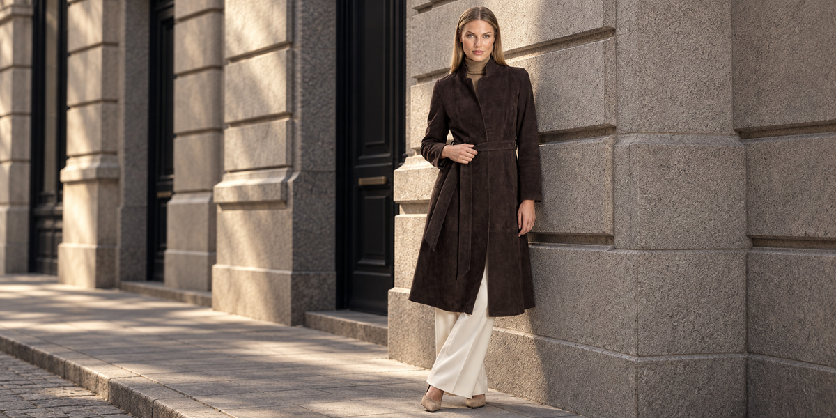 Model wearing a dark brown belted suede coat outside a stone facade.
