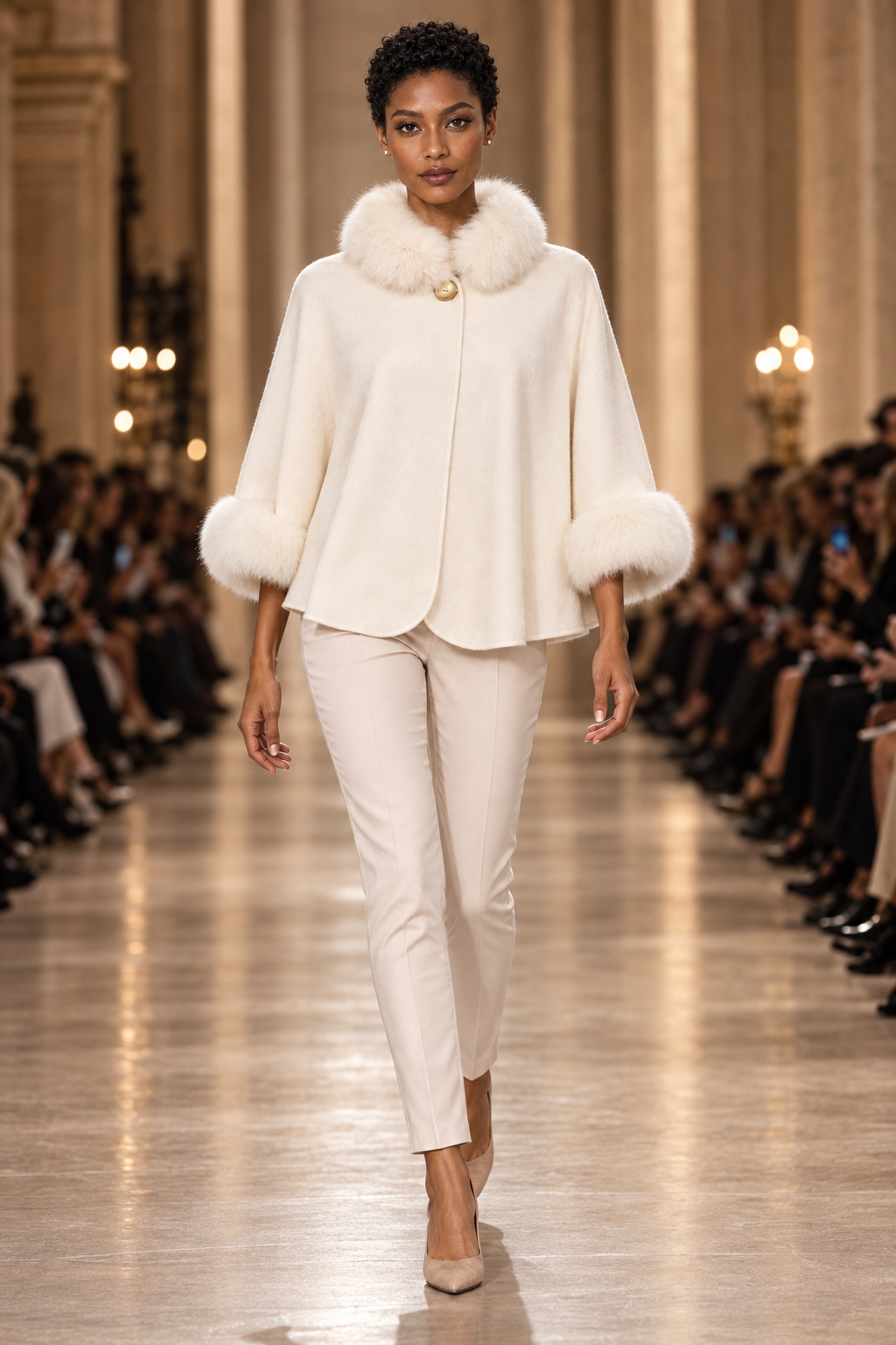 Editorial runway presentation of the off-white cashmere capelet with fox fur collar and cuffs