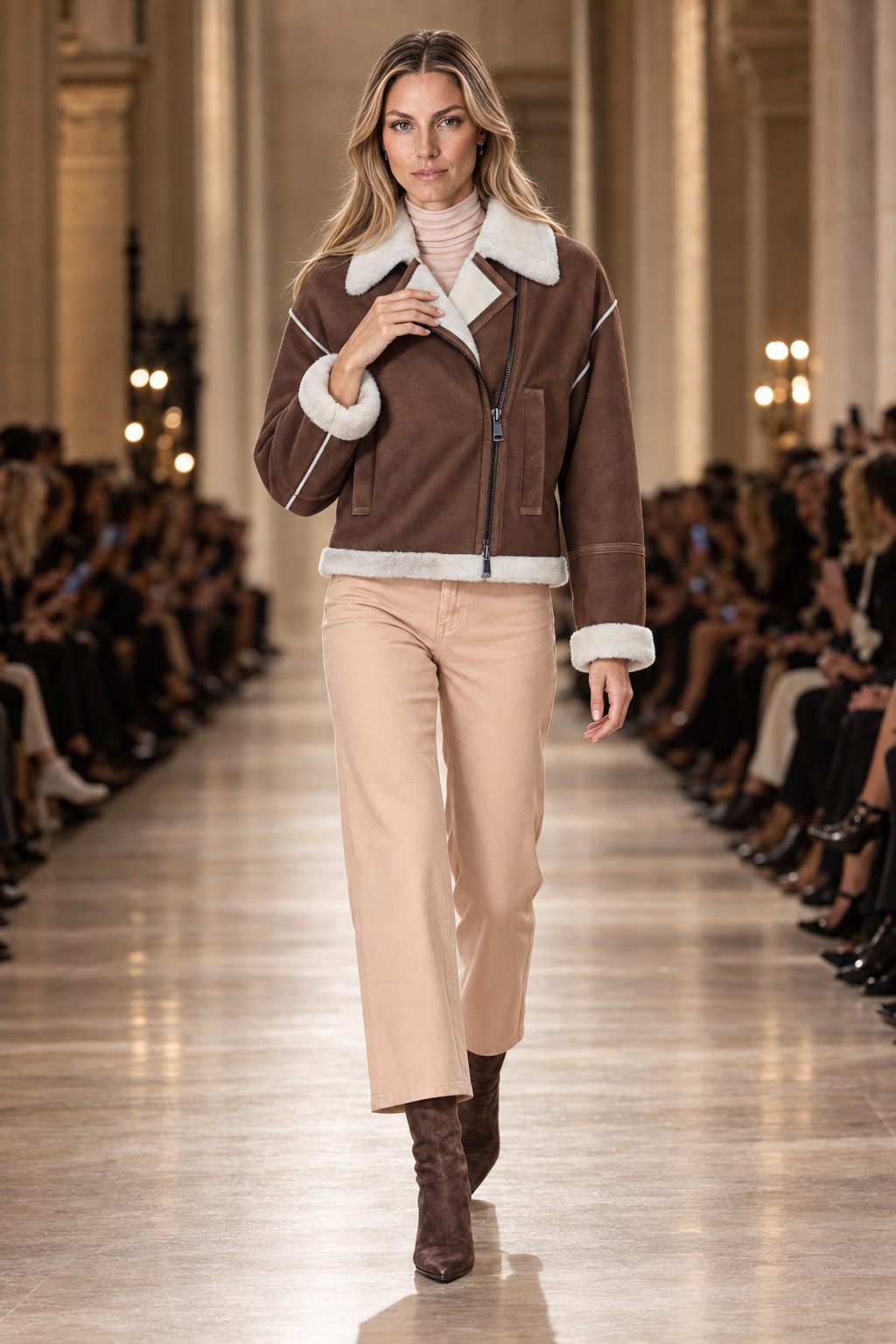 Editorial runway presentation of the brandy and white cropped shearling moto jacket
