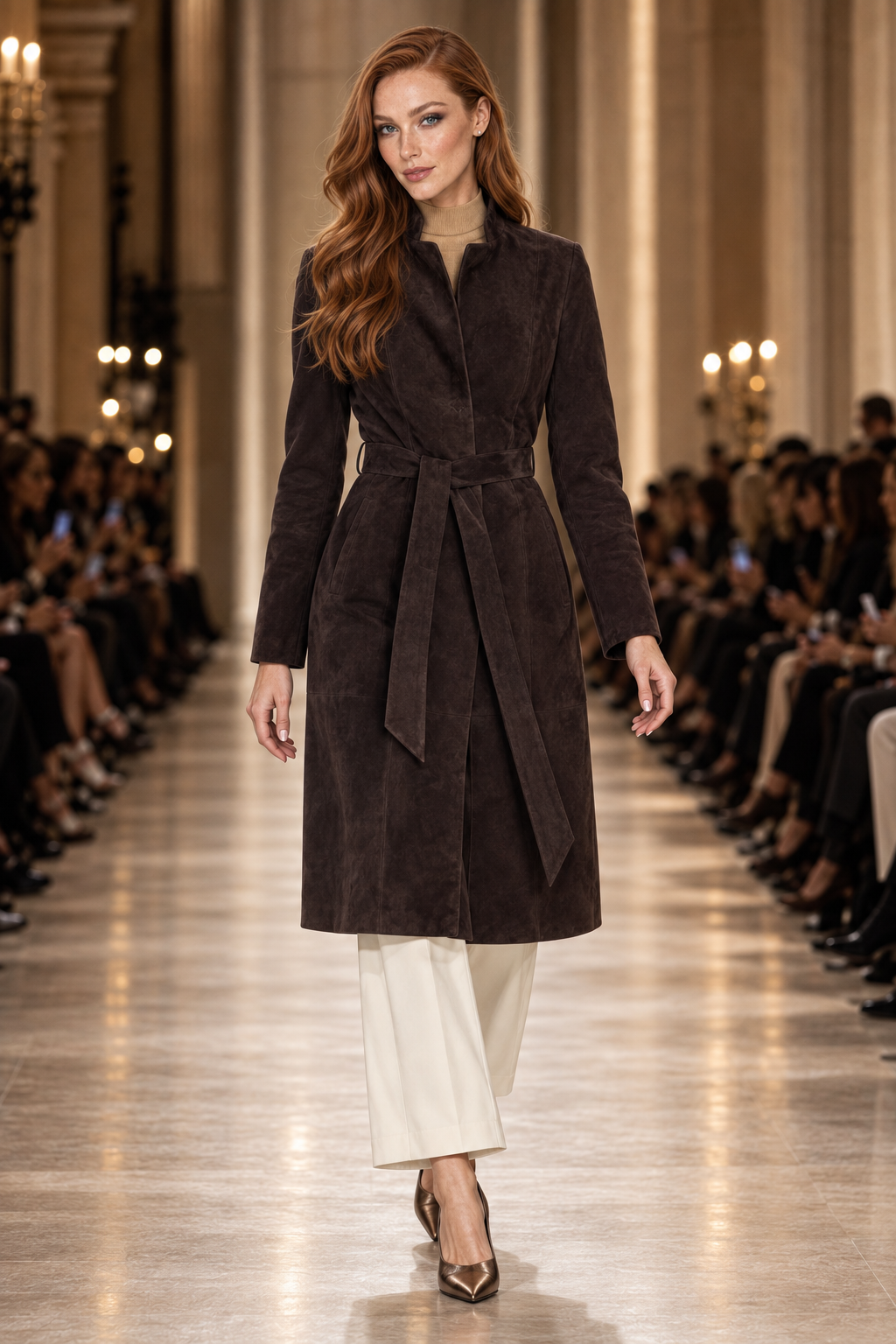 Editorial runway presentation of the brown belted suede coat