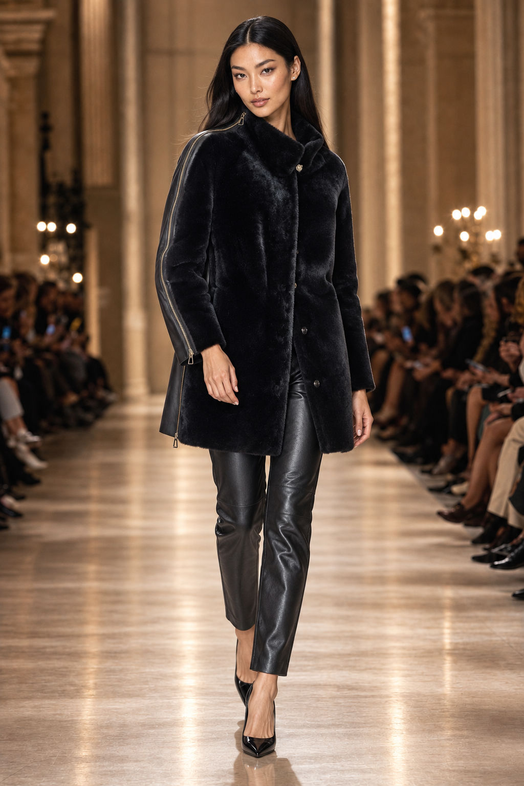 Editorial runway presentation of the black leather and shearling coat