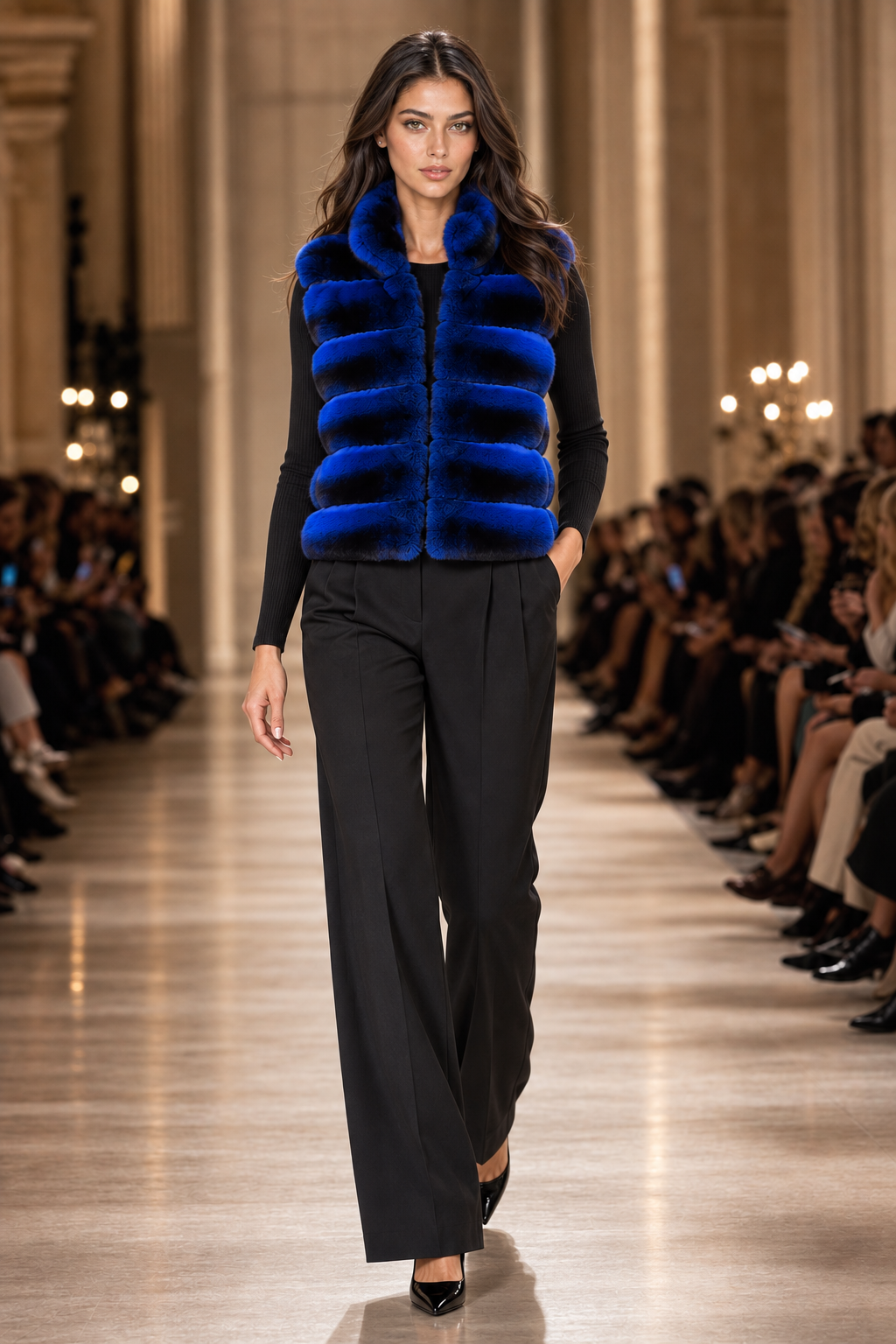 Editorial runway presentation of the cobalt blue chinchilla vest
