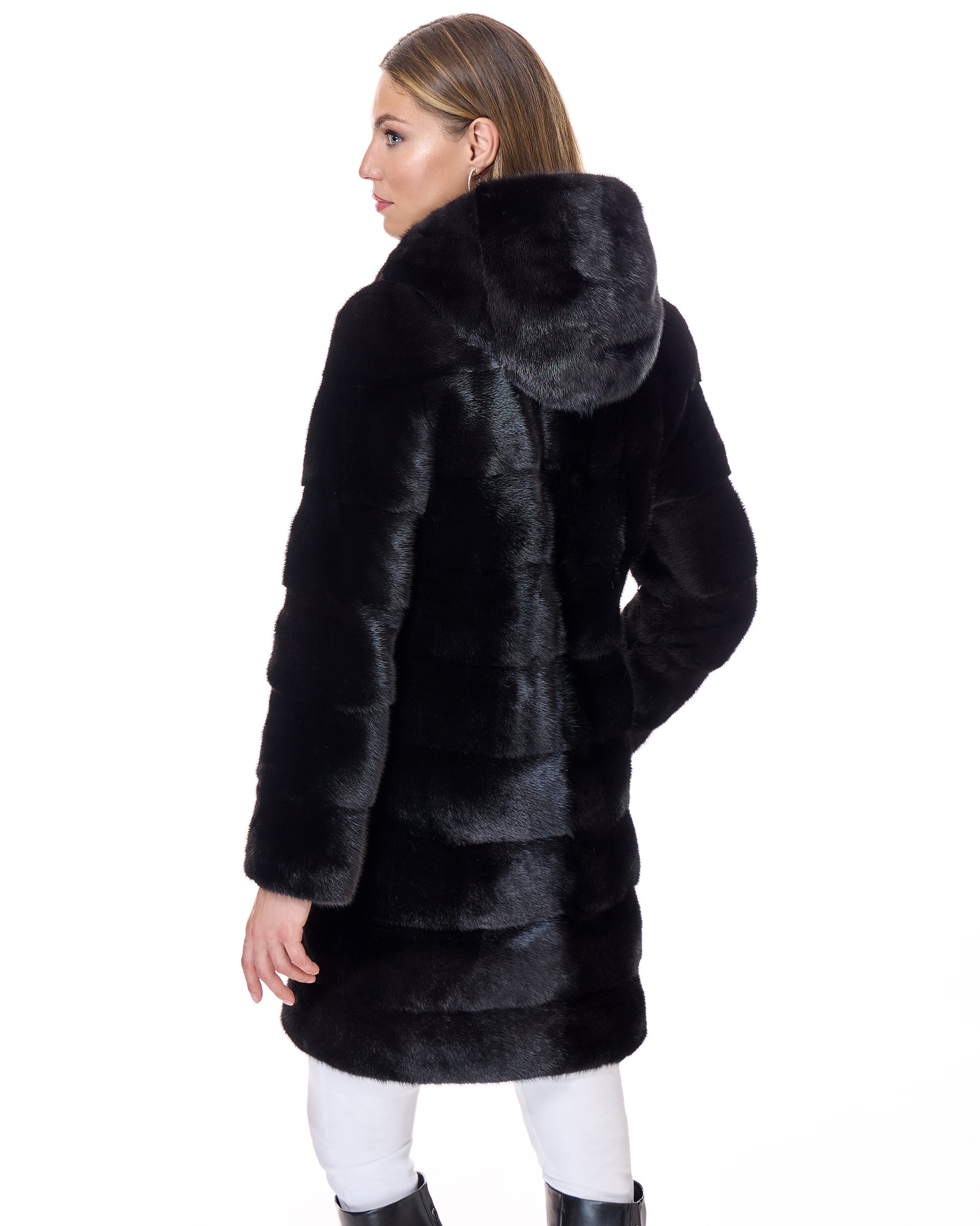 Horizontal Hooded Mink Coat