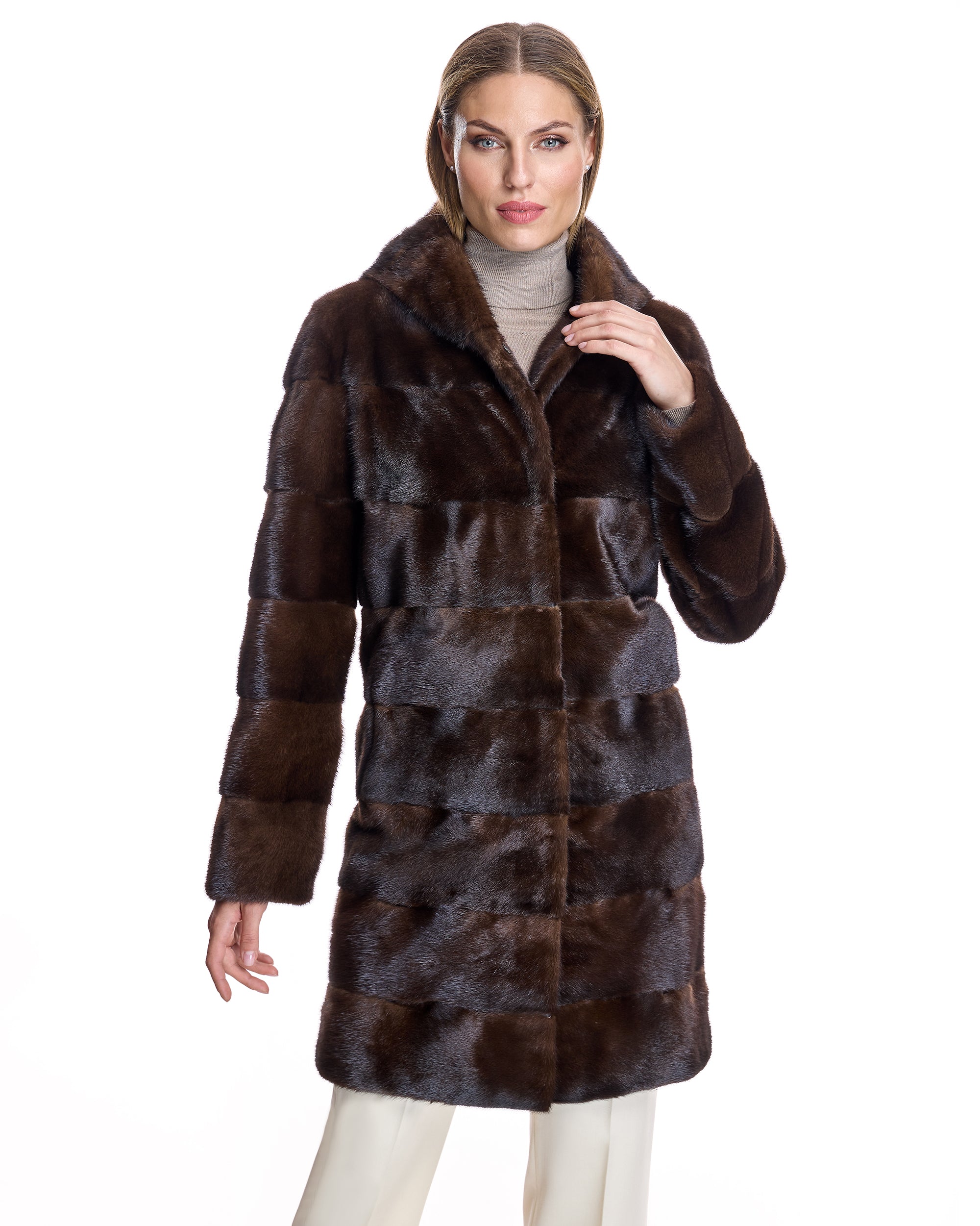 Horizontal Hooded Mink Coat