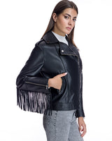 Julia & Stella by Maximilian Leather Moto Jacket with Fringes