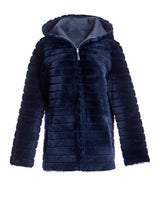 28" Reversible Navy Shearling Lamb Hooded Jacket - Maximilian