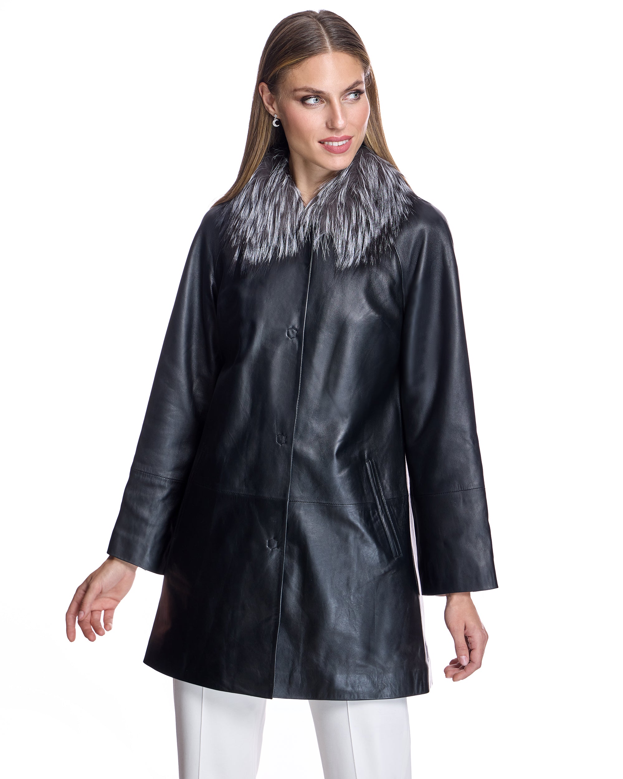 Leather Coat with Silver Fox Collar