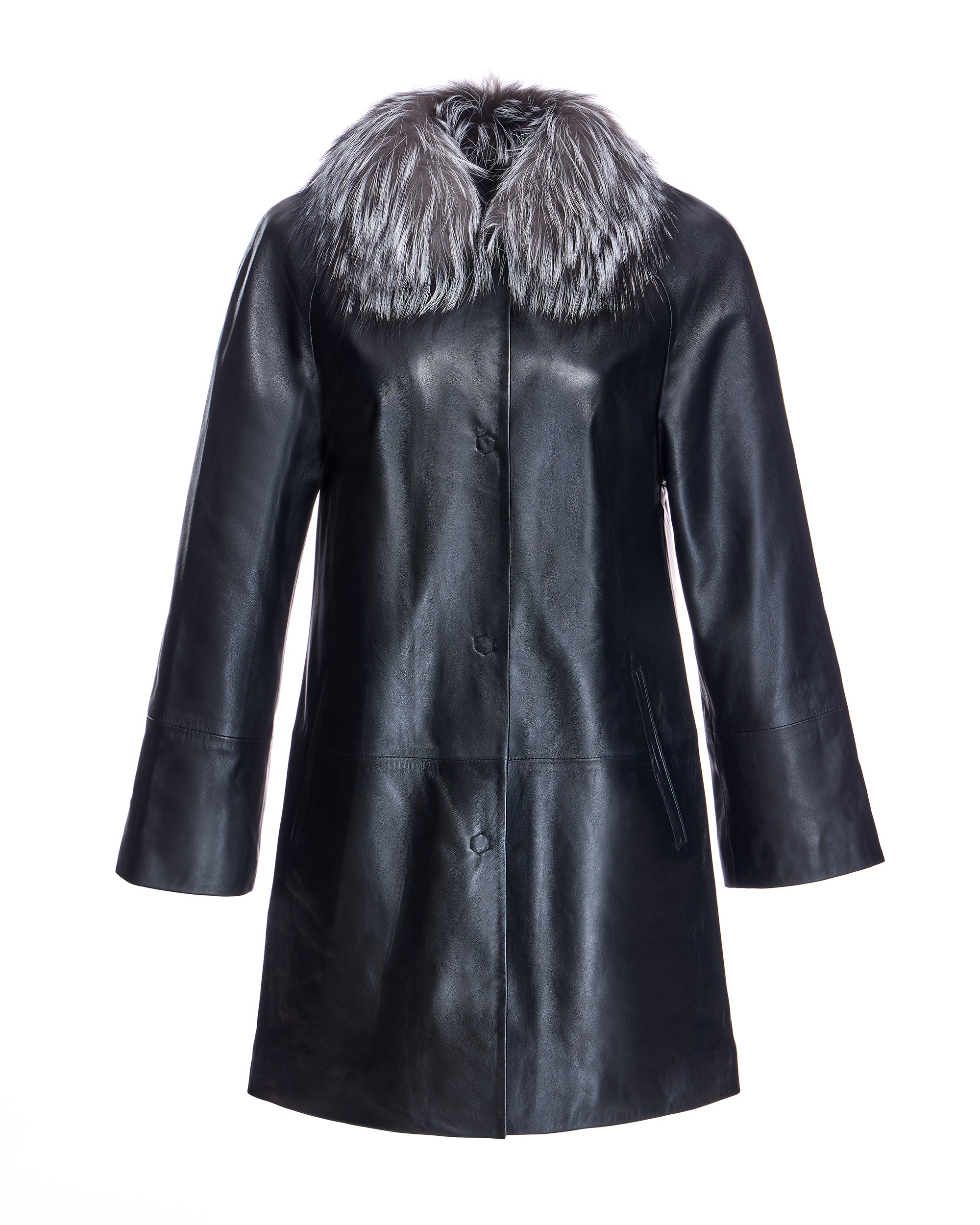 Leather Coat with Silver Fox Collar