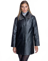 Julia & Stella by Maximilian Black Leather Walking Coat with Shearling Collar-Maximilian