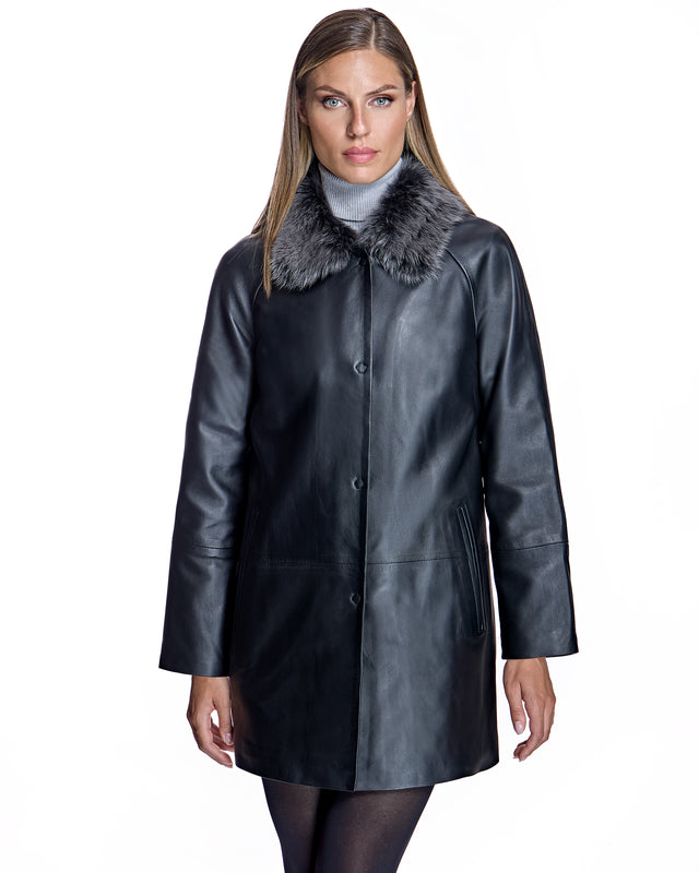 Julia & Stella by Maximilian Black Leather Walking Coat with Shearling Collar-Maximilian