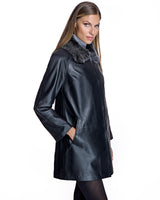 Julia & Stella by Maximilian Black Leather Walking Coat with Shearling Collar-Maximilian