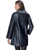Julia & Stella by Maximilian Black Leather Walking Coat with Shearling Collar-Maximilian