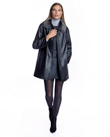 Julia & Stella by Maximilian Black Leather Walking Coat with Shearling Collar-Maximilian