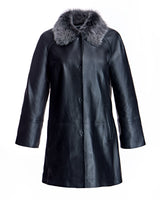 Julia & Stella by Maximilian Black Leather Walking Coat with Shearling Collar-Maximilian