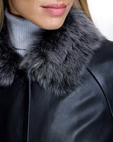 Julia & Stella by Maximilian Black Leather Walking Coat with Shearling Collar-Maximilian