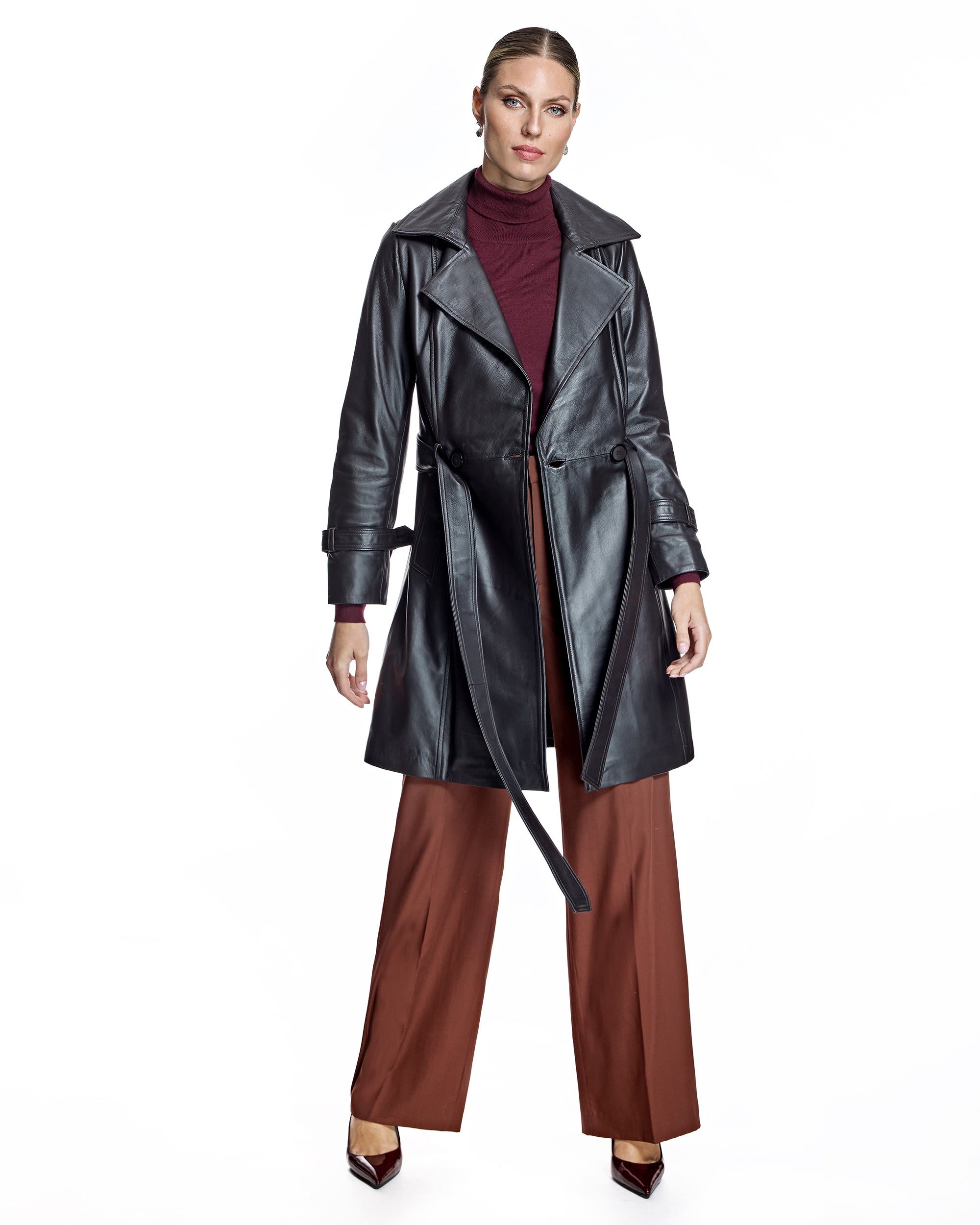 Julia and Stella by Maximilian Belted Leather Coat -Maximilian