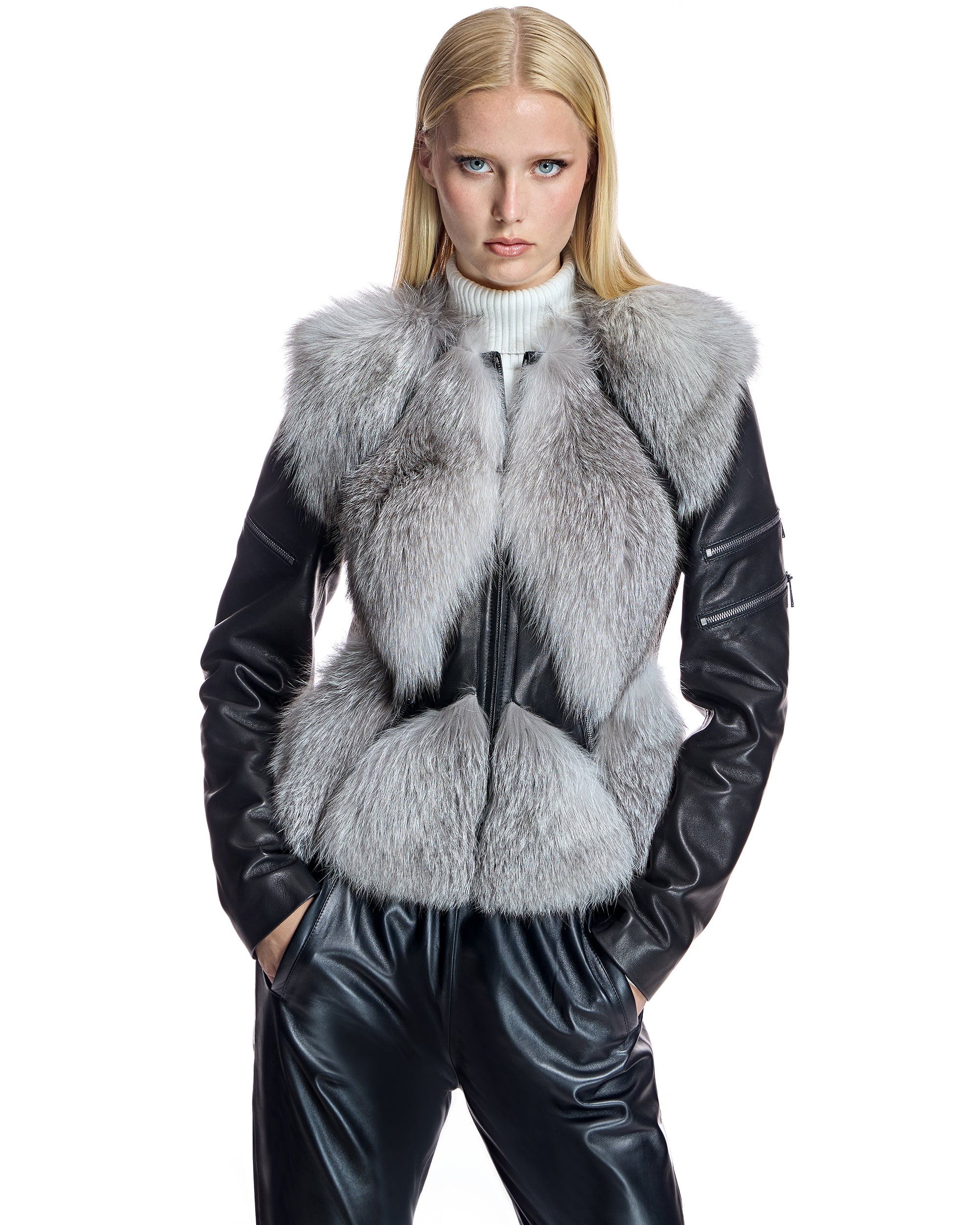 Leather Jacket with Fox Trims- Maximilian