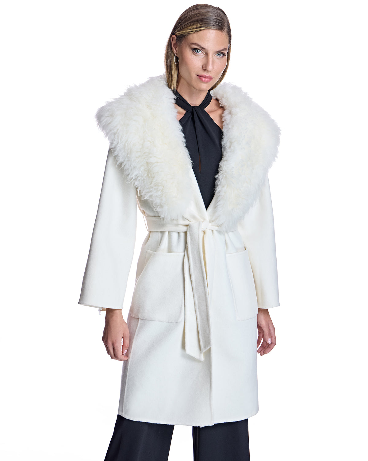 Off White Cashmere Blend Rap Coat with Fur Collar-Maximilian