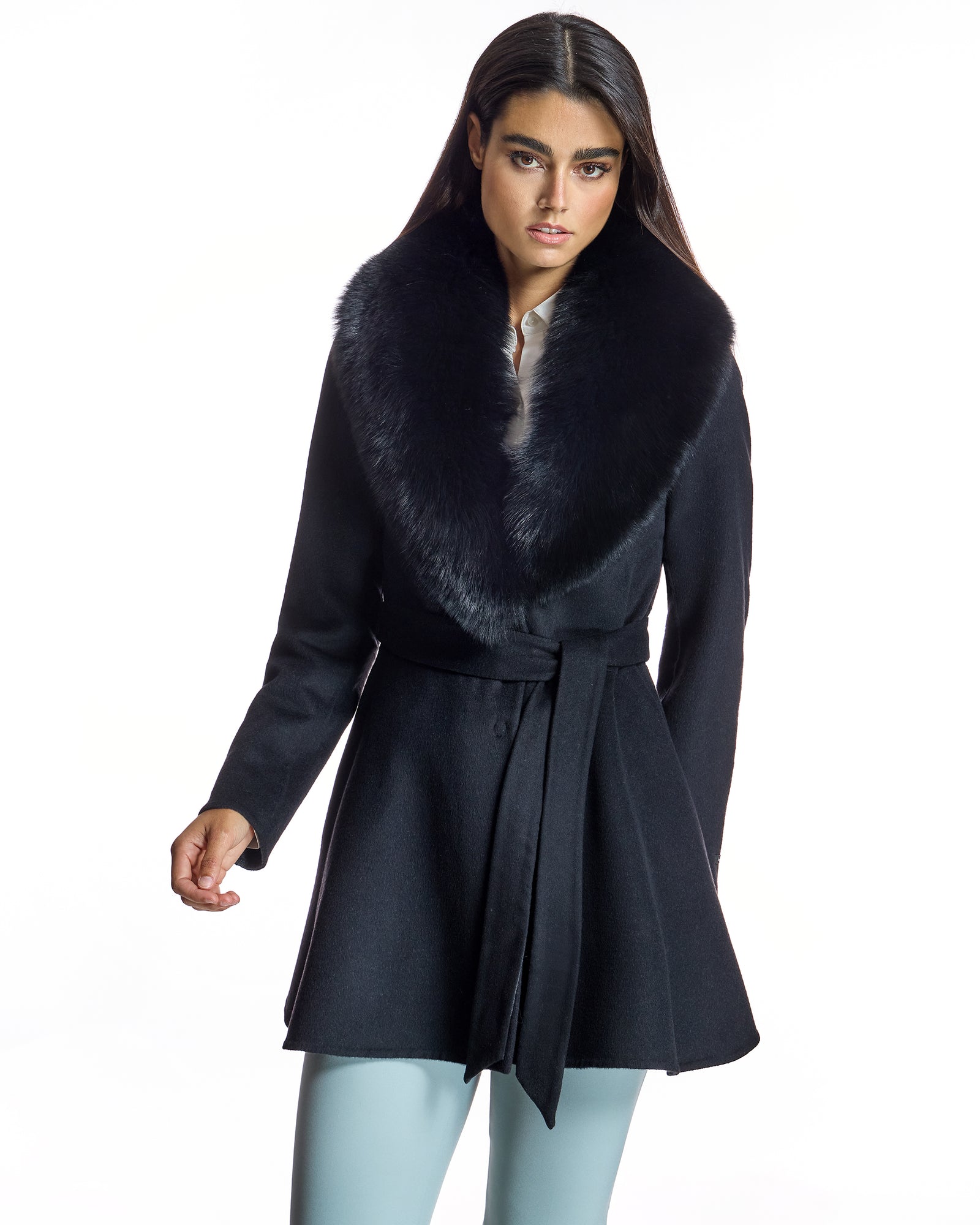 Belted Cashmere Blend Coat with Dyed Blue Fox Collar- Maximilian
