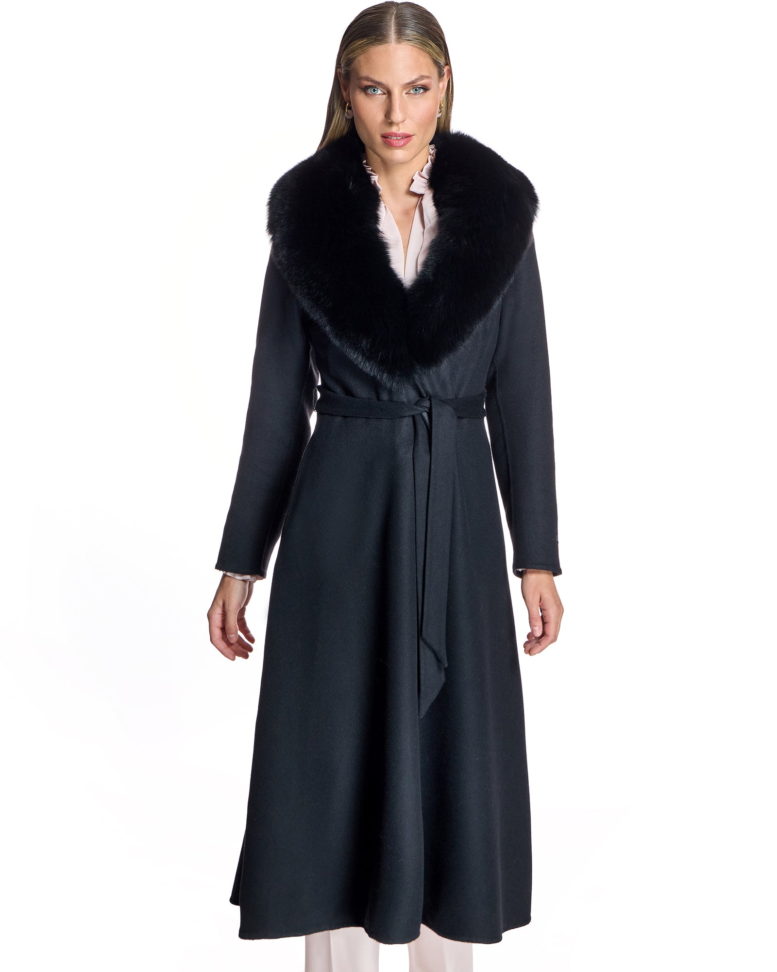 50" Belted Cashmere Blend Coat with Dyed Blue Fox Collar- Maximilian