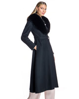 50" Belted Cashmere Blend Coat with Dyed Blue Fox Collar- Maximilian