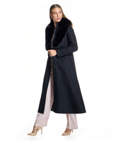 50" Belted Cashmere Blend Coat with Dyed Blue Fox Collar- Maximilian