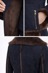 Navy Shearling Lamb Moto Jacket with Brown Toscana Trim- 19"