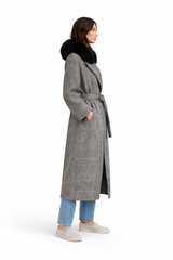 Black & White Houndstooth Wool Blend Coat w/ Fox Collar -47"