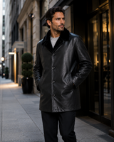 Men's 33" Reversible Black Leather Jacket with Sheared Rabbit & Mink Shirt collar