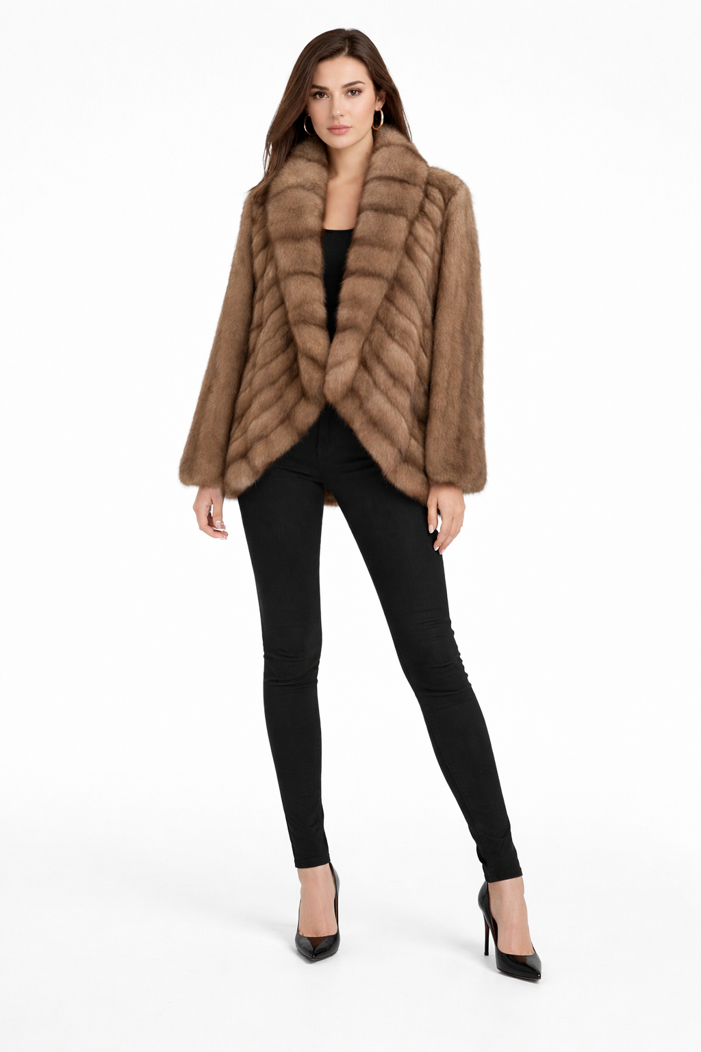22” Tortora Russian Sable Chevron Jacket with Tuxedo Collar