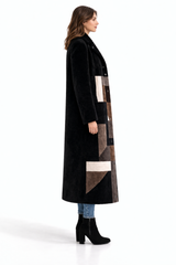 Black Shearling Lamb Geometric Coat with Brown Inserts