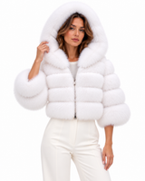 Maximilian 18" Bright White Fox Fur Hooded Bolero with Leather Inserts