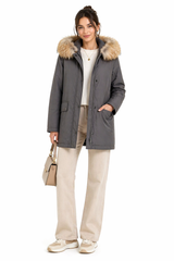 Grey Fur-Trim Parka with Rabbit Lining