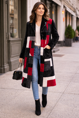 Black Shearling Lamb Coat with Geometric Front